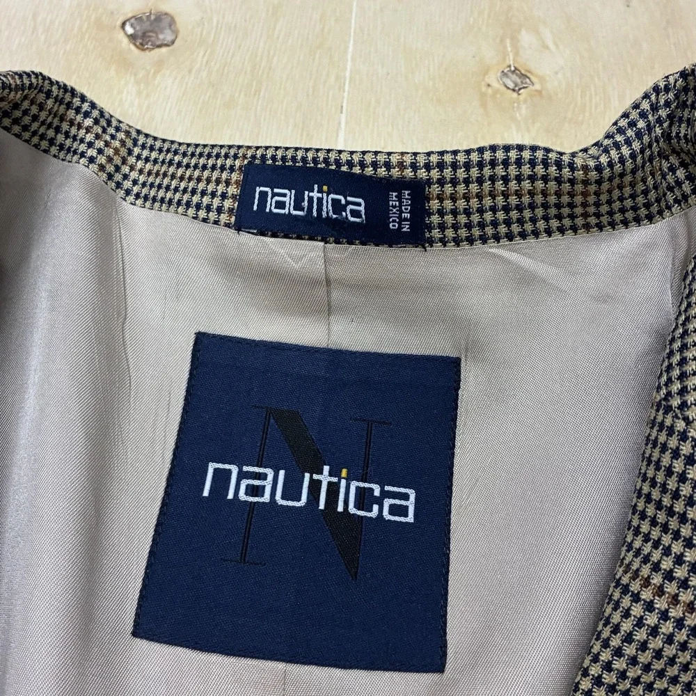 Nautica Blazer Mens 42L Brown Check Silk Wool Tweed Sport Coat Jacket Classic